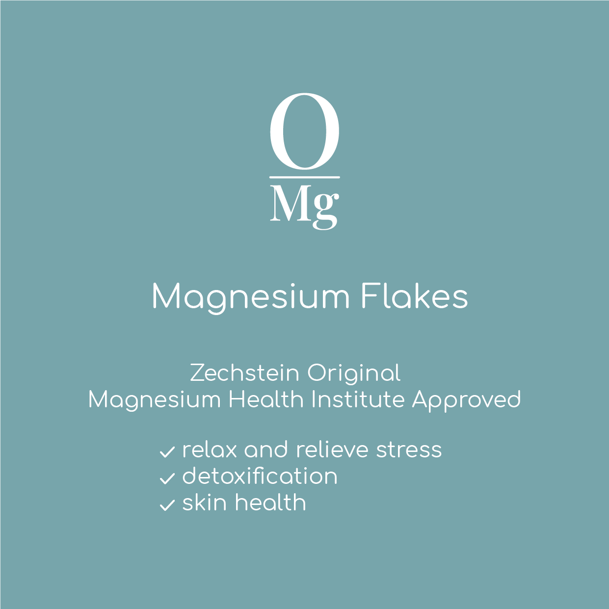 Magnesium flakes label Zechstein Original and Magnesium Health Institute by Origin with benefits, relax and relieve stress, detoxication, skin health